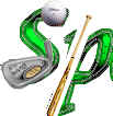 the letter S with a golf club and the letter P with a baseball